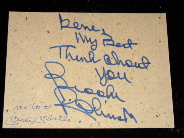 BROOKS ROBINSON MICKEY MANTLE SIGNED CARDBOARD PIECE