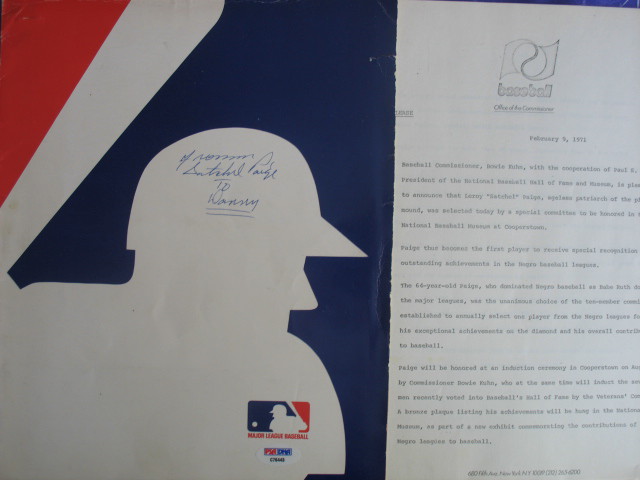 SATCHELL PAIGE SIGNED 1971 HOF PRESS RELEASE